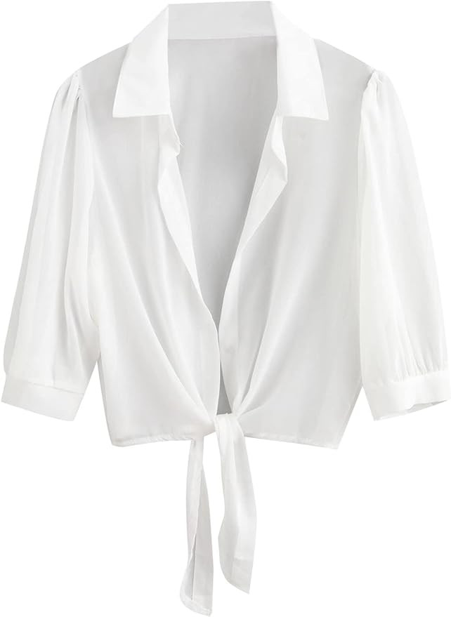 ZAFUL Women's Bikini Swimwear Cover Up Semi-Sheer V Neck Button Up Top Shirt Blouse Beachwear | Amazon (US)