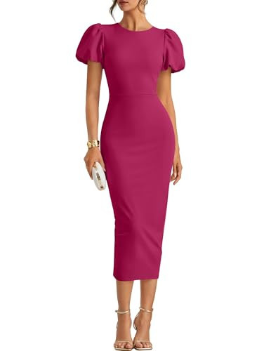 ZESICA Women's Summer Short Sleeve Bodycon Midi Dress 2026 Spring Elegant Formal Wedding Guest Cocktail Party Dresses Rose Medium | Amazon (US)