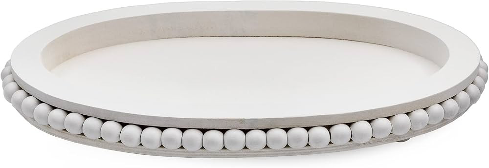 AuldHome Wood Beaded Tray (White), Decorative Farmhouse Style Oval Wooden Tray | Amazon (US)