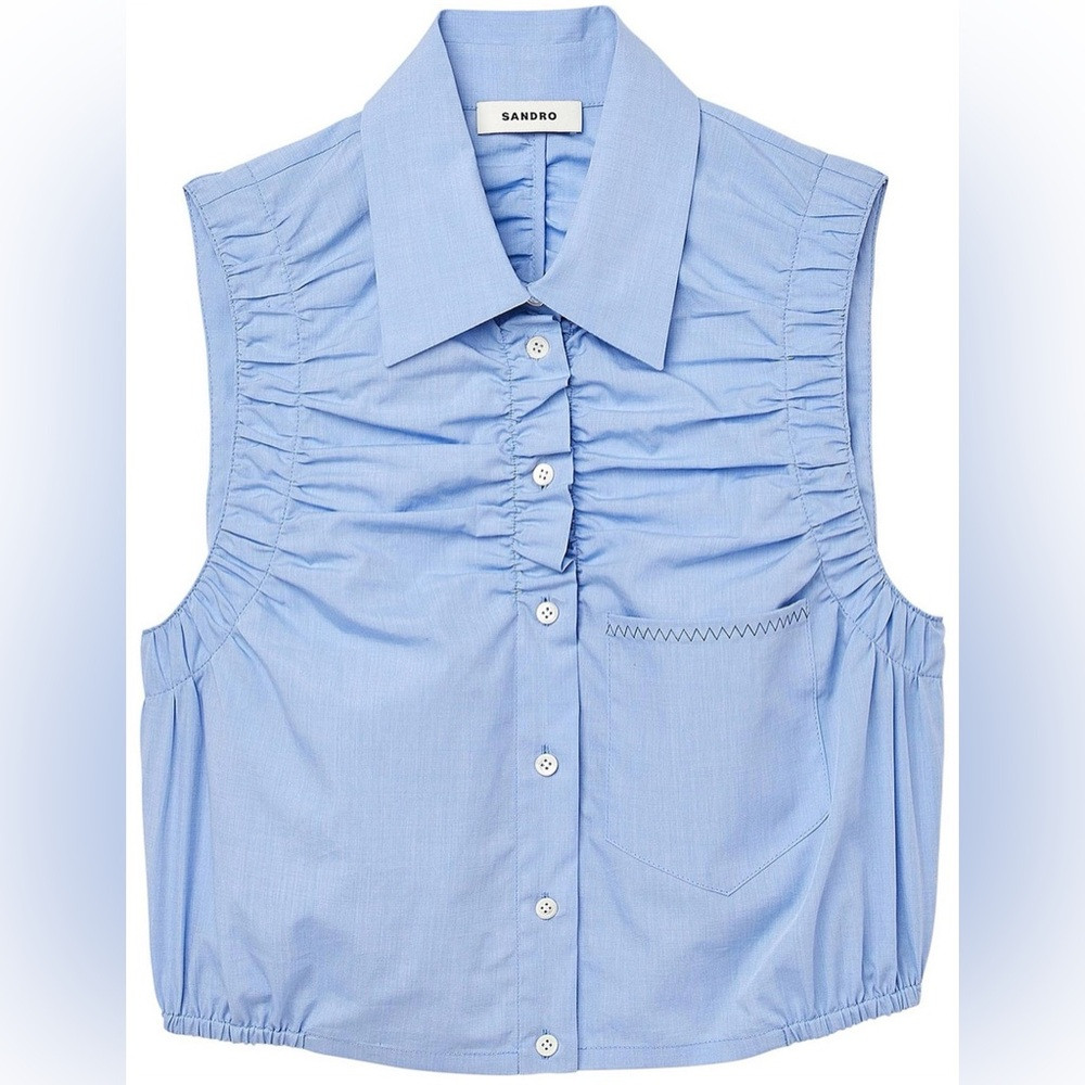 Sandro Matera Oberteil Light Blue Cropped Sleeveless Button-Front Ruffle Shirt | Poshmark