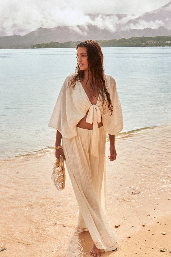 Pristine Presence Ivory Plisse High Waisted Wide Leg Pants Outfit Tan Pants Pant Set Summer Sets | Lulus