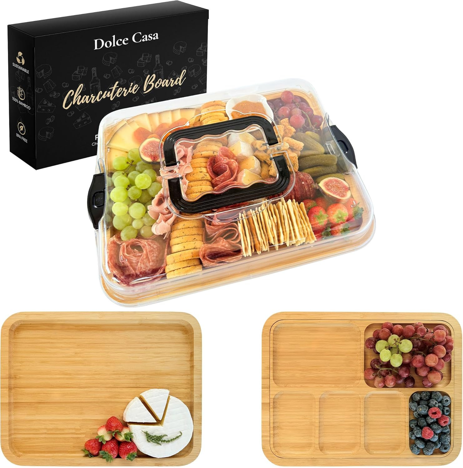 Charcuterie Board with Lid & Handle, 3-in-1, Portable Bamboo Serving Tray with Lid & Removable Sn... | Amazon (US)