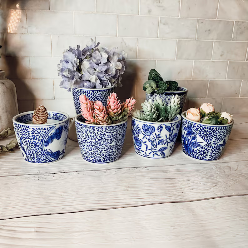 Cachepots, Chinoiserie Appetizer Bowls and Planter Pots, Hand Painted Blue and White Indoor Plant... | Etsy (US)