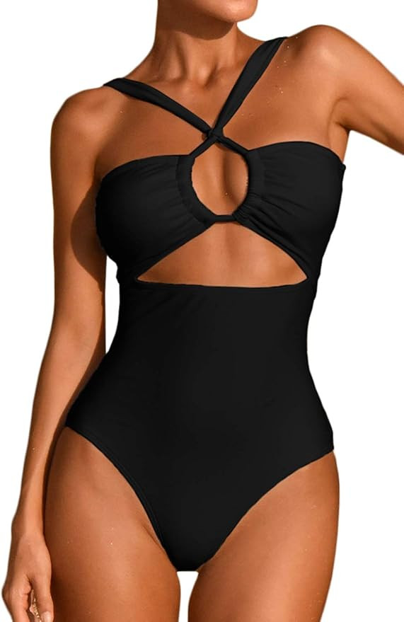 LEISUP Sexy Womens Bandeau Tie Back Cut Out Front High Waist Cheeky Bottom One Piece Swimsuit | Amazon (US)