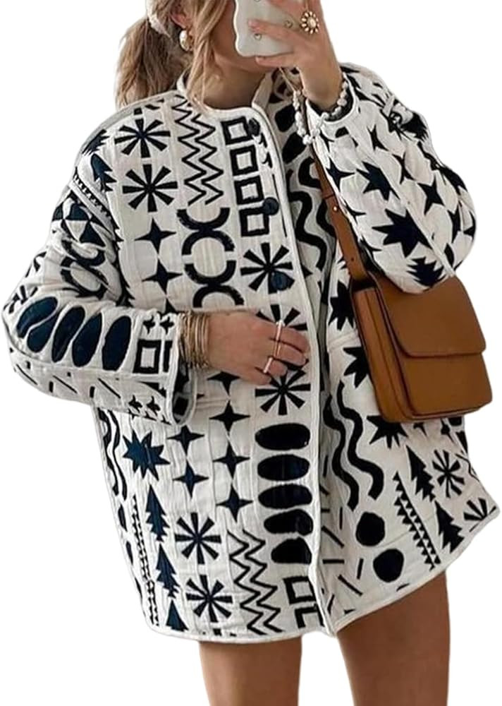 Wyeysyt Women's Quilted Puffer Jacket Lightweight Floral Print Padded Cardigan Button Down Puffy ... | Amazon (US)