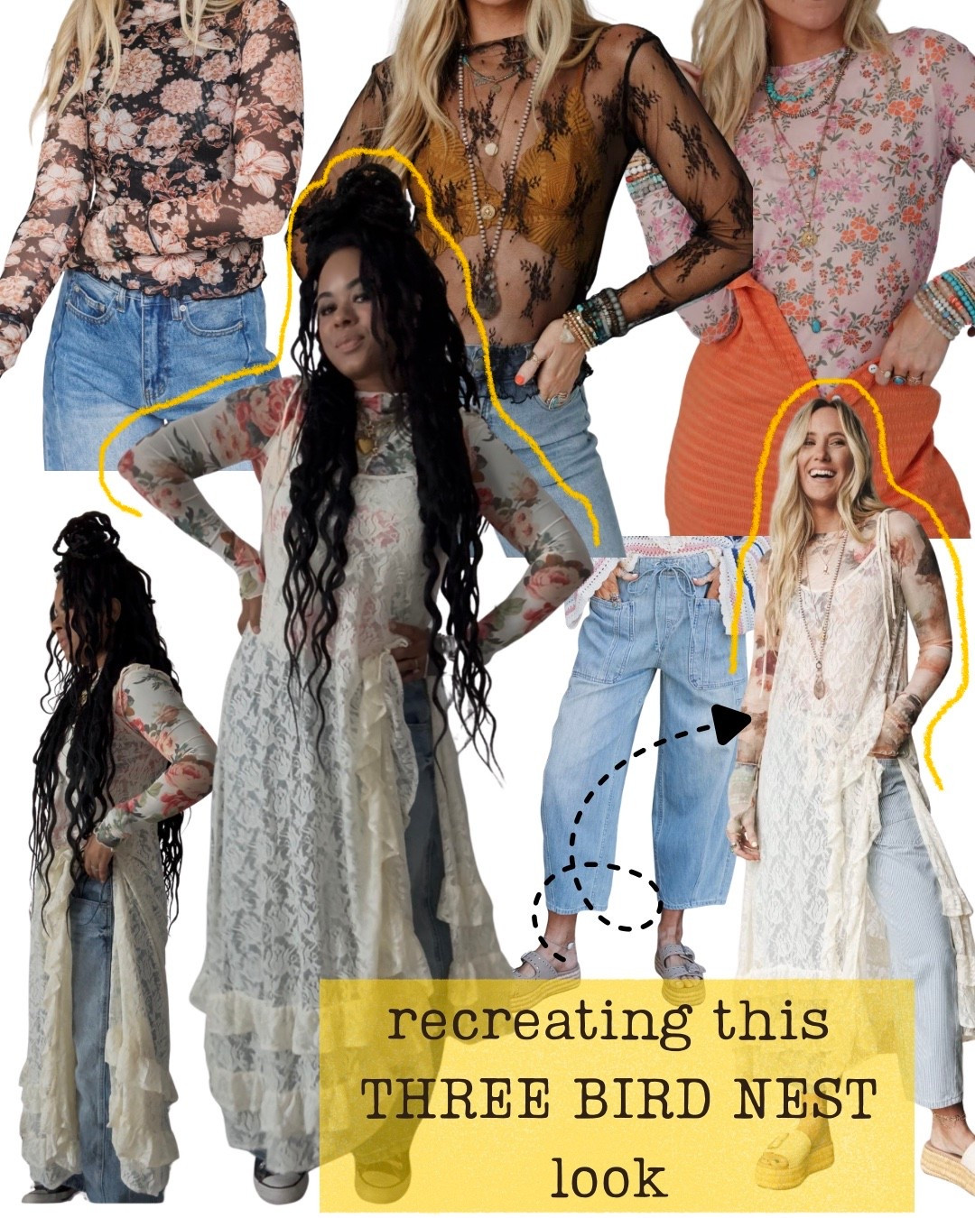 recreating this Three Bird Nest look 🌾 layered lace over denim and floral + added a few gold pendant necklaces + shoe charms on my sneakers 🎀 CODE: JULESNICHOLSSS to save on full priced items @ Three Bird Nest (linked)

#LTKOver40 #LTKSaleAlert #LTKSeasonal