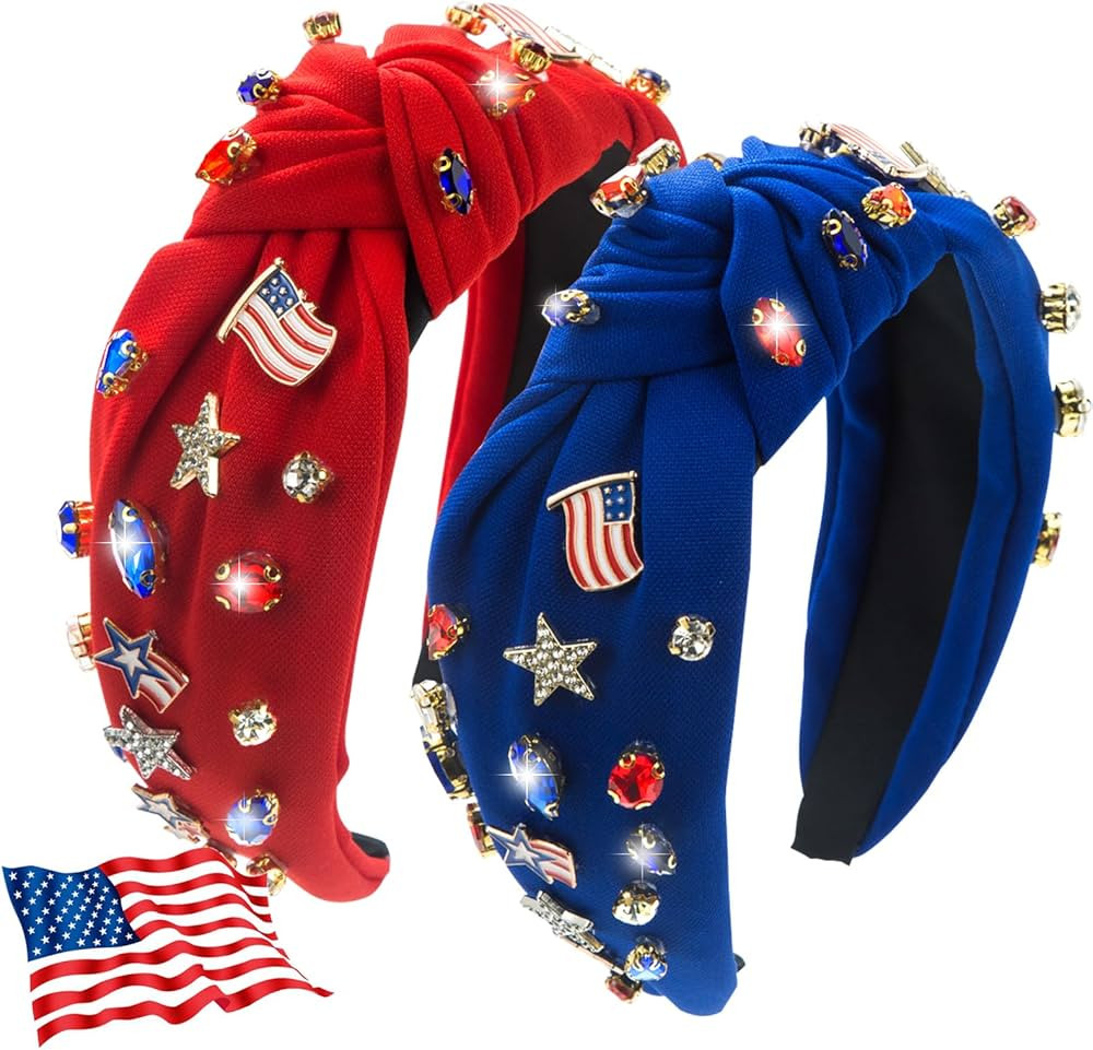 2Pcs 4th of July Headband for Women, Rhinestone Knotted Design with USA Flag Star Hair Hoop, Patr... | Amazon (US)