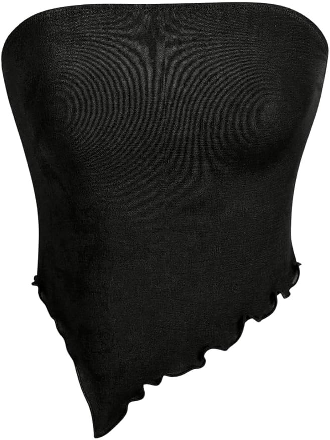 Milumia Women's Asymmetrical Hem Strapless Tube Top Lettuce Trim Bandeau Crop Tops | Amazon (US)