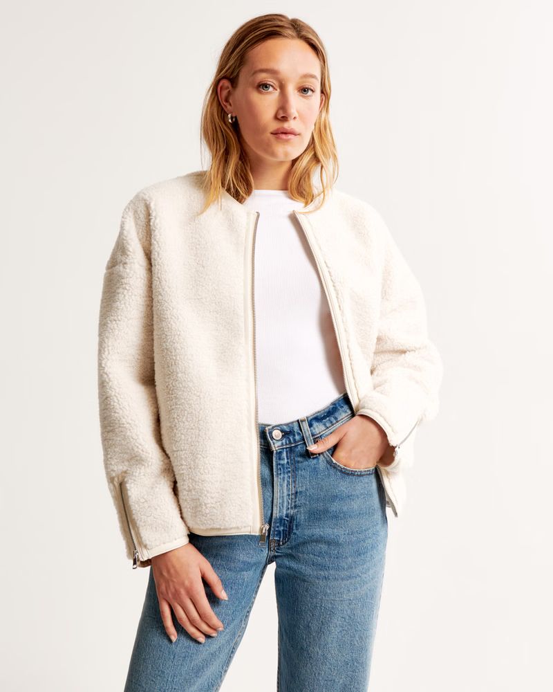 Leather Trim Collarless Sherpa Jacket | Abercrombie & Fitch (US)