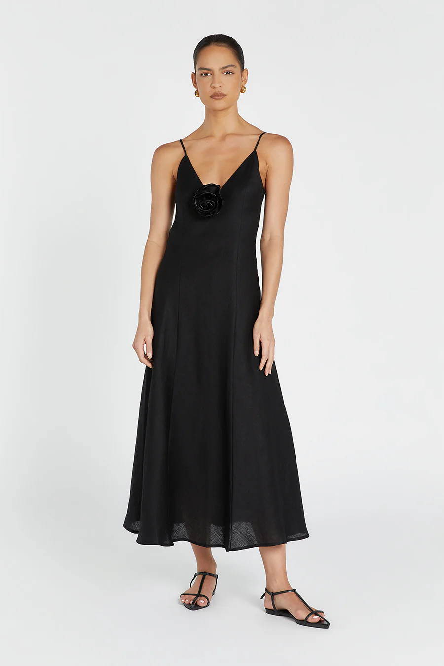 ROSETTE BLACK LINEN MAXI DRESS | DISSH