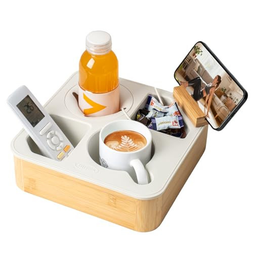 Hitseon Couch Cup Holder Tray, Bamboo Couch Caddy with Rotatable Phone Holder for Bed Organizer, Waterproof Anti-spill Sofa Cup Holder for Snacks Beverage Remote White | Amazon (US)