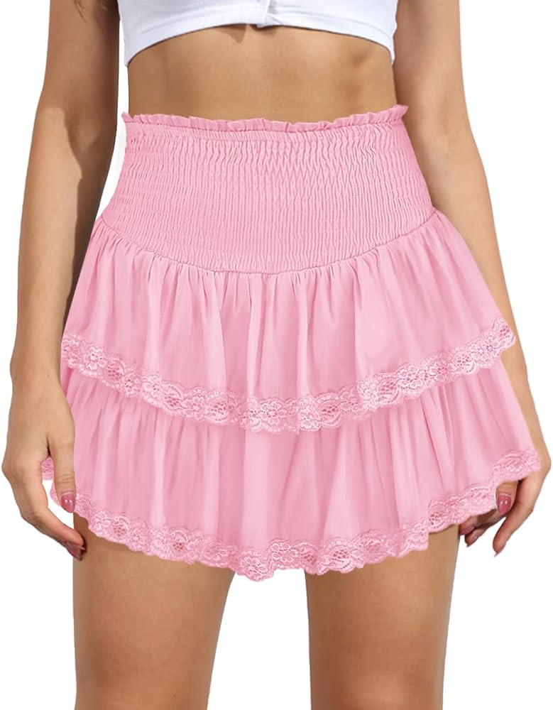Women's Cute High Waist Ruffle Mini Skirt Layered Ruffle Hem Flared Flowy Casual Swing Beach Mini... | Amazon (US)