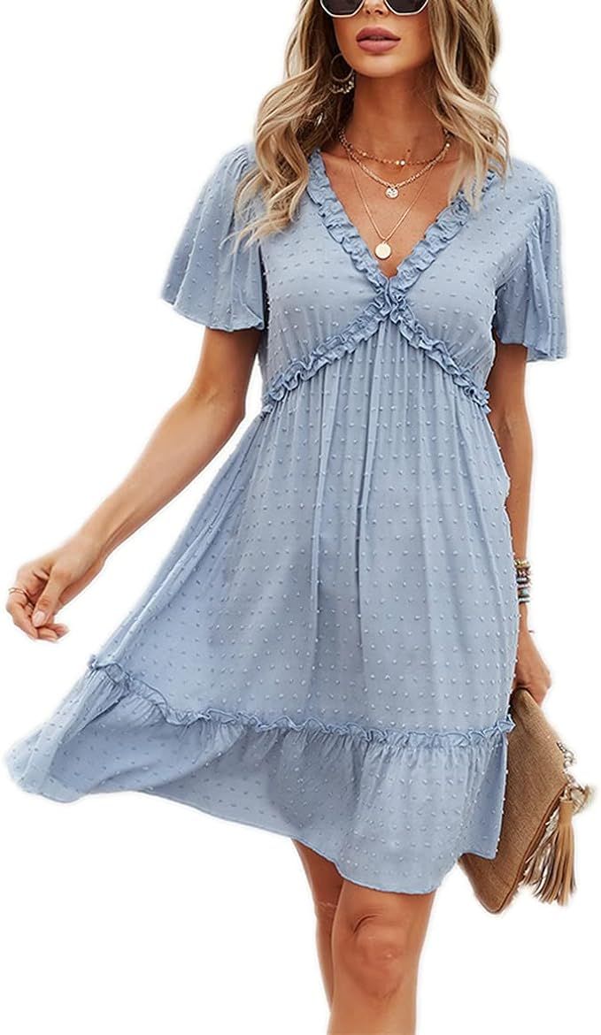 Women Summer Dress V Neck Short Sleeve Ruffle Hem Flowy Swing Dress Swiss Dot Babydoll Chiffon Mi... | Amazon (US)