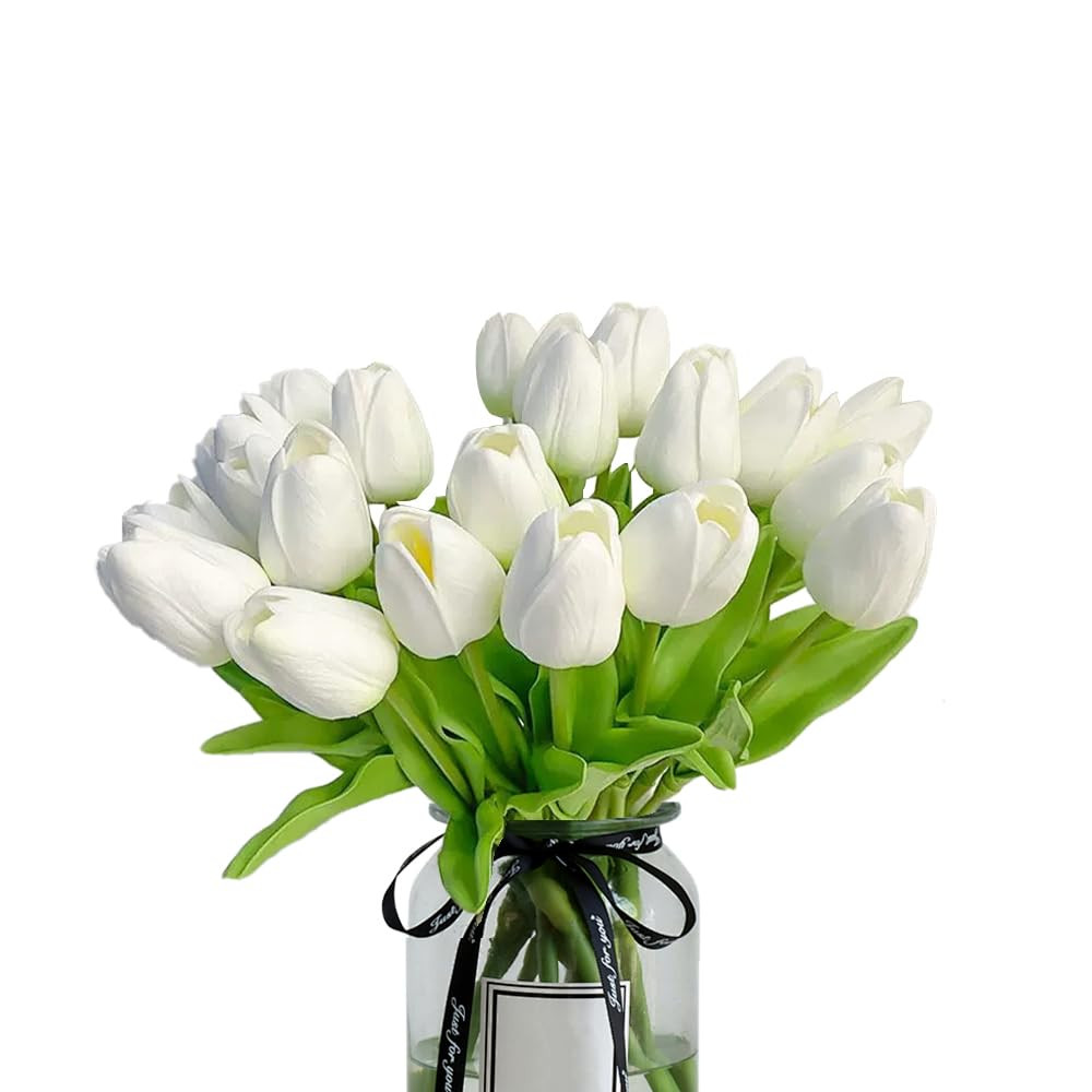 20pcs White tulips artificial flowers Faux Flowers Fake tulips Flowers Mother's Day Easter Valent... | Amazon (US)