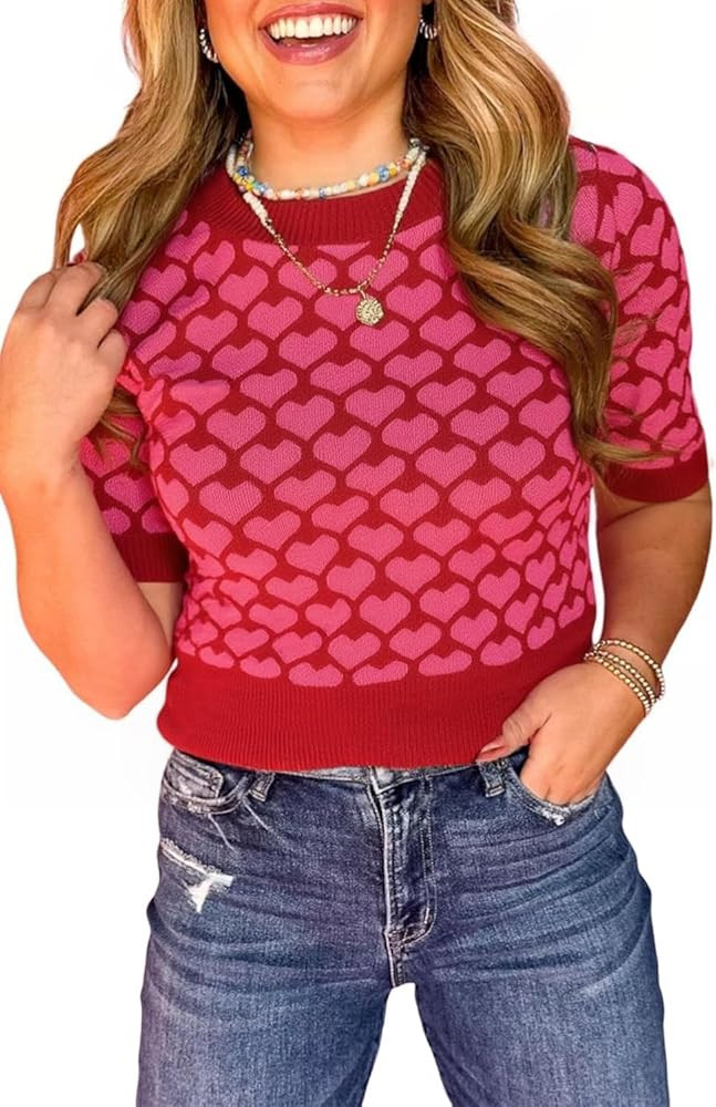 ALPSWARE Women Puff Short Sleeve Sweater Cropped Knit Shirts Cute Heart Valentines Day Knit Pullo... | Amazon (US)