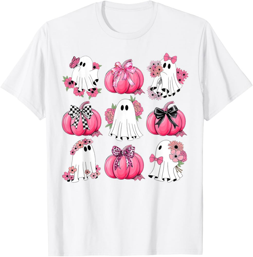 Cute Ghost Florals Pink Coquette Bows Pumpkins Halloween T-Shirt | Amazon (US)