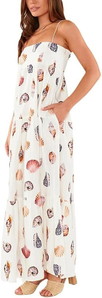 Women Maxi Dress Shell Print Spaghetti Strap Sleeveless Flowy Long Sundress With Tiered Hem | Amazon (US)