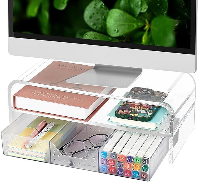 OPNICE Acrylic Clear Desk Organizers and Accessories, 2-Tier Computer Monitor Stand Riser with Dr... | Amazon (US)