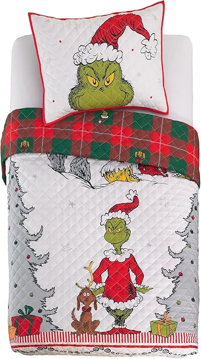 Grinch by Dr. Seuss Holiday & Christmas Quilt Bedding Super Soft 2 Piece Pillow Sham and Quilt Se... | Amazon (US)