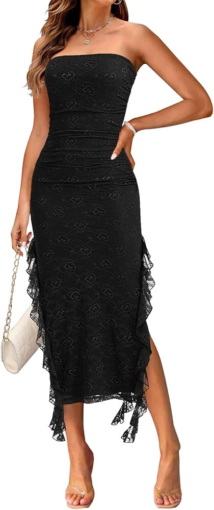 MEROKEETY Women's 2024 Strapless Bodycon Tube Dress Sexy Floral Lace Ruffle Slit Wedding Guest Co... | Amazon (US)