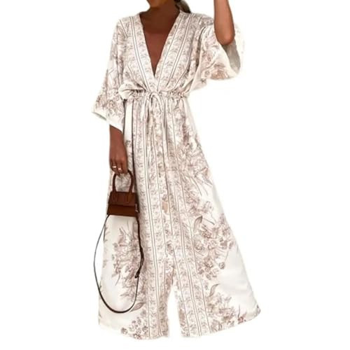 Women's Boho Dress V-Neck Tie-Up Large Hem Maxi Dress Retro Print 3/4 Flare Sleeve Beach Sundresses(Beige,X-Large) | Amazon (US)