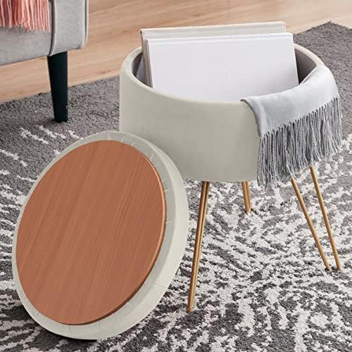 Ornavo Home Modern Round Velvet Storage Ottoman Foot Rest Vanity Stool/Seat with Gold Metal Legs & T | Amazon (US)