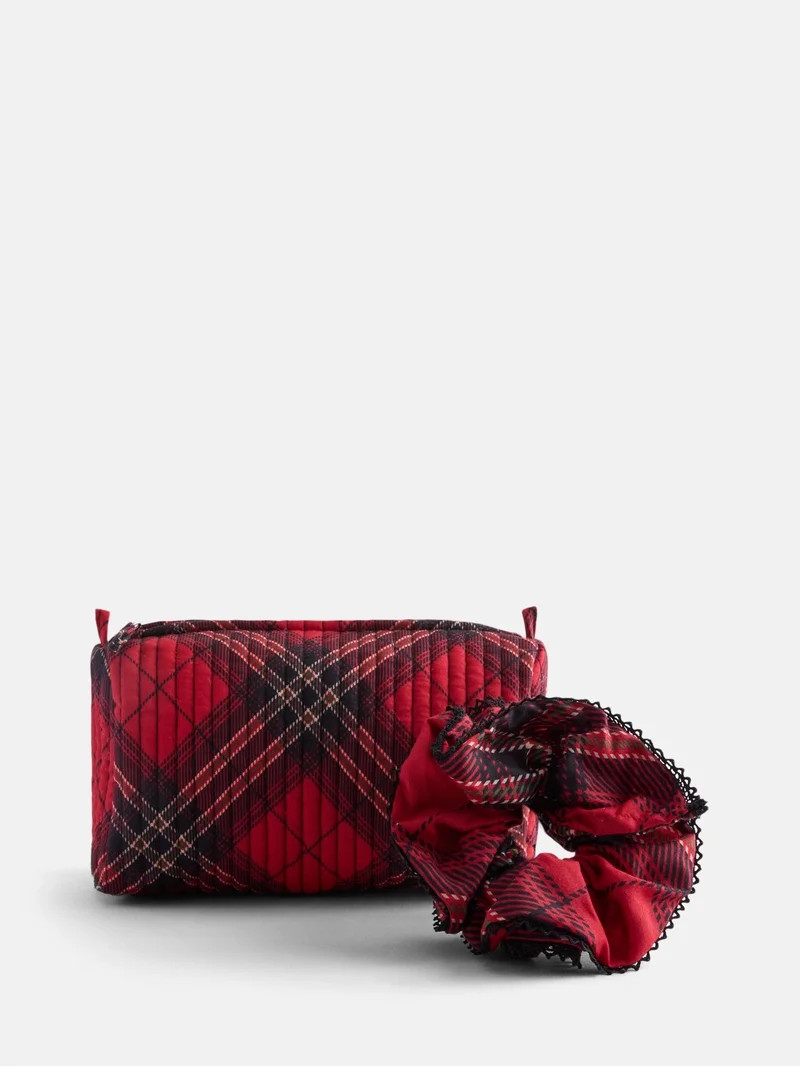 No Boundaries Quilted Pouch with Hair Scrunchie Set, 2-Piece, Women's, Red Plaid | Walmart (US)