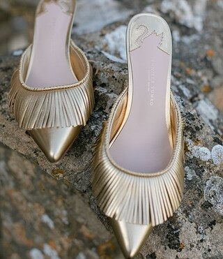 x Jennifer Sumko Mimi Metallic Leather Fringe Dress Mules | Dillard's