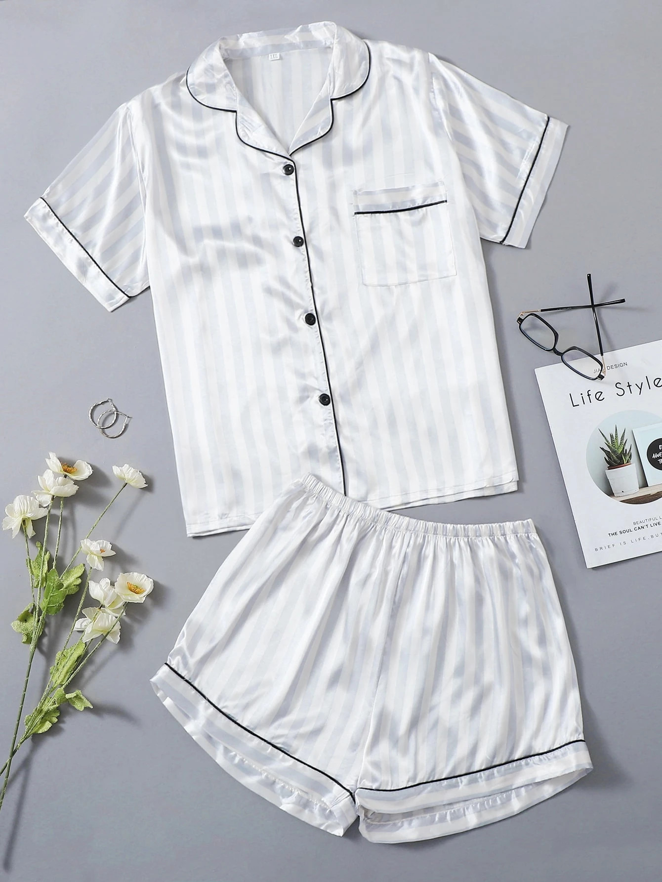 Plus Contrast Binding Stripe Satin PJ Set | SHEIN