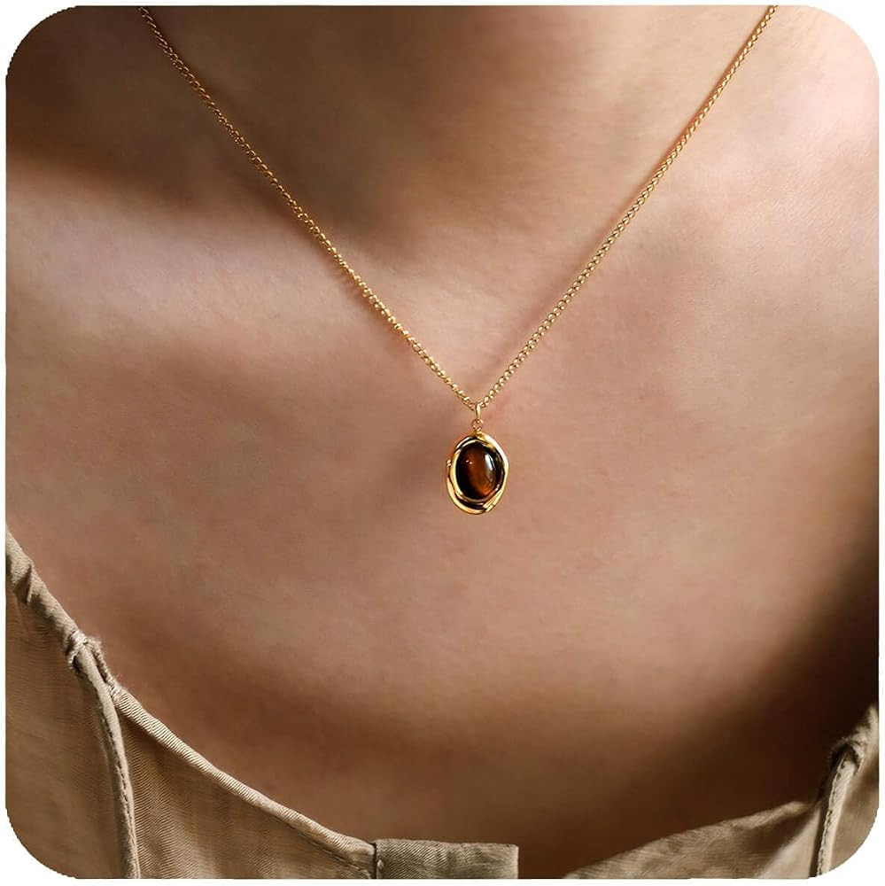 Tiger Eye Necklace, 14K Gold Natural Stone Necklace for Women, Adjustable Vintage Necklace for Sp... | Amazon (US)