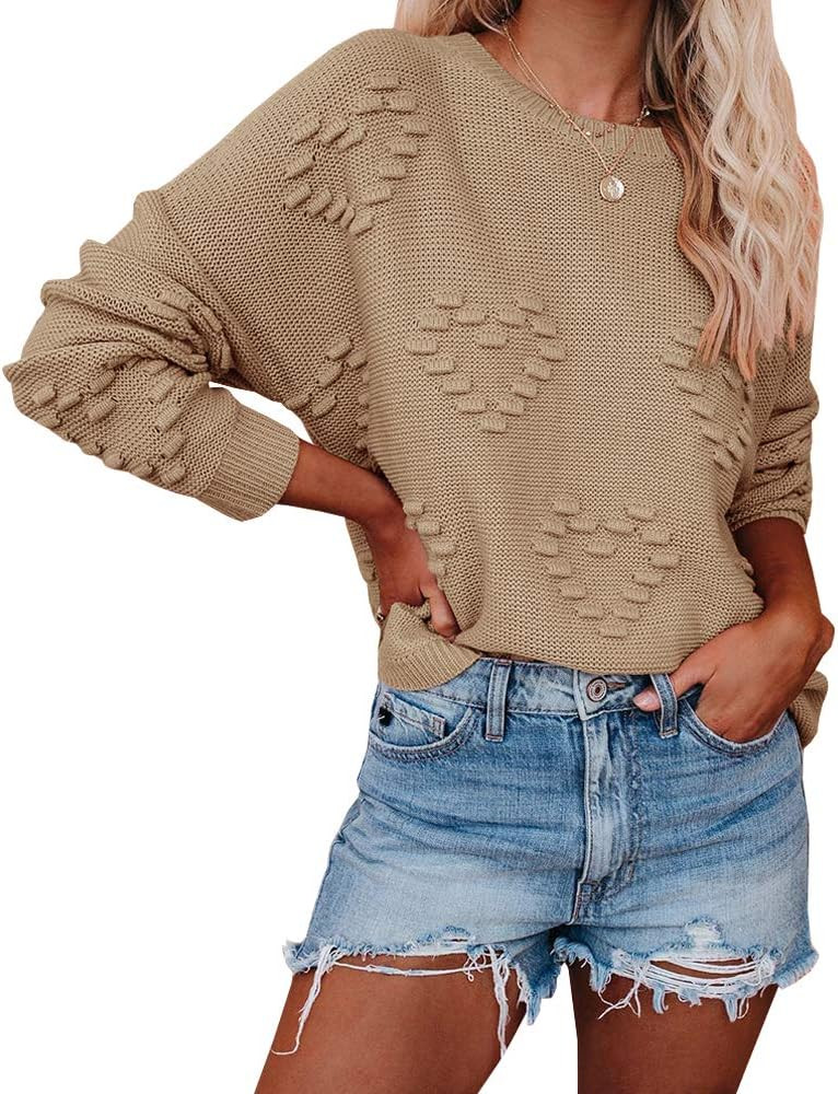 Womens Cute Heart Love Print Sweater Tops Oversized Crew Neck Dot Ball Loose Fit Knitted Fall Jum... | Amazon (US)