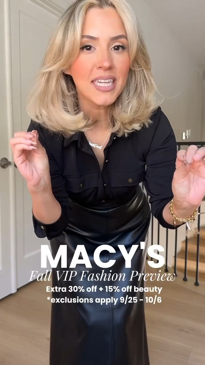 Eeeek @macys Fall VIP Fashion Preview is live 😍 #macyspartner
➡️Extra 30% off + 15% off beauty from 9/25-10-6 🤩
*exclusions apply

✔️ I'm wearing size 27 regular on all jeans 
✔️ small in Levi's jumpsuit
✔️XS in faux leather skirt 
✔️ size 4 in denim midi skirt 

#LTKFallSale #LTKStyleTip #LTKU