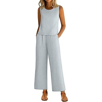 Ficerd Women 2 Piece Summer Outfits Linen beach Set Round Neck Sleeveless Crop Tank Tops Elastic ... | Amazon (US)