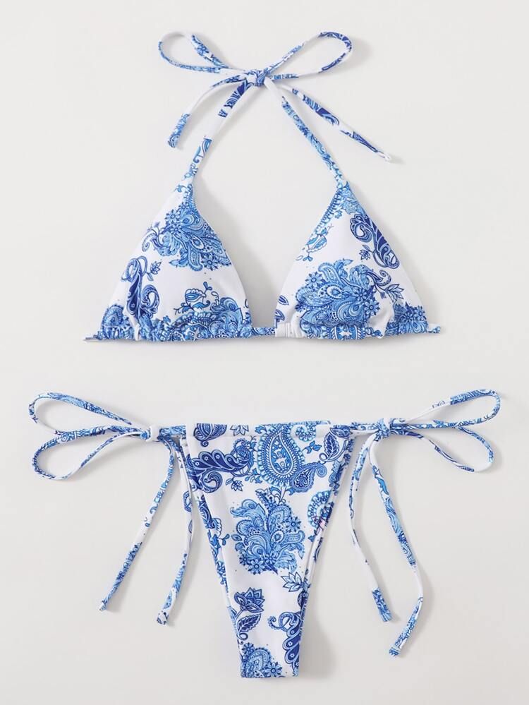 Floral & Paisley Triangle Thong Bikini Swimsuit | SHEIN