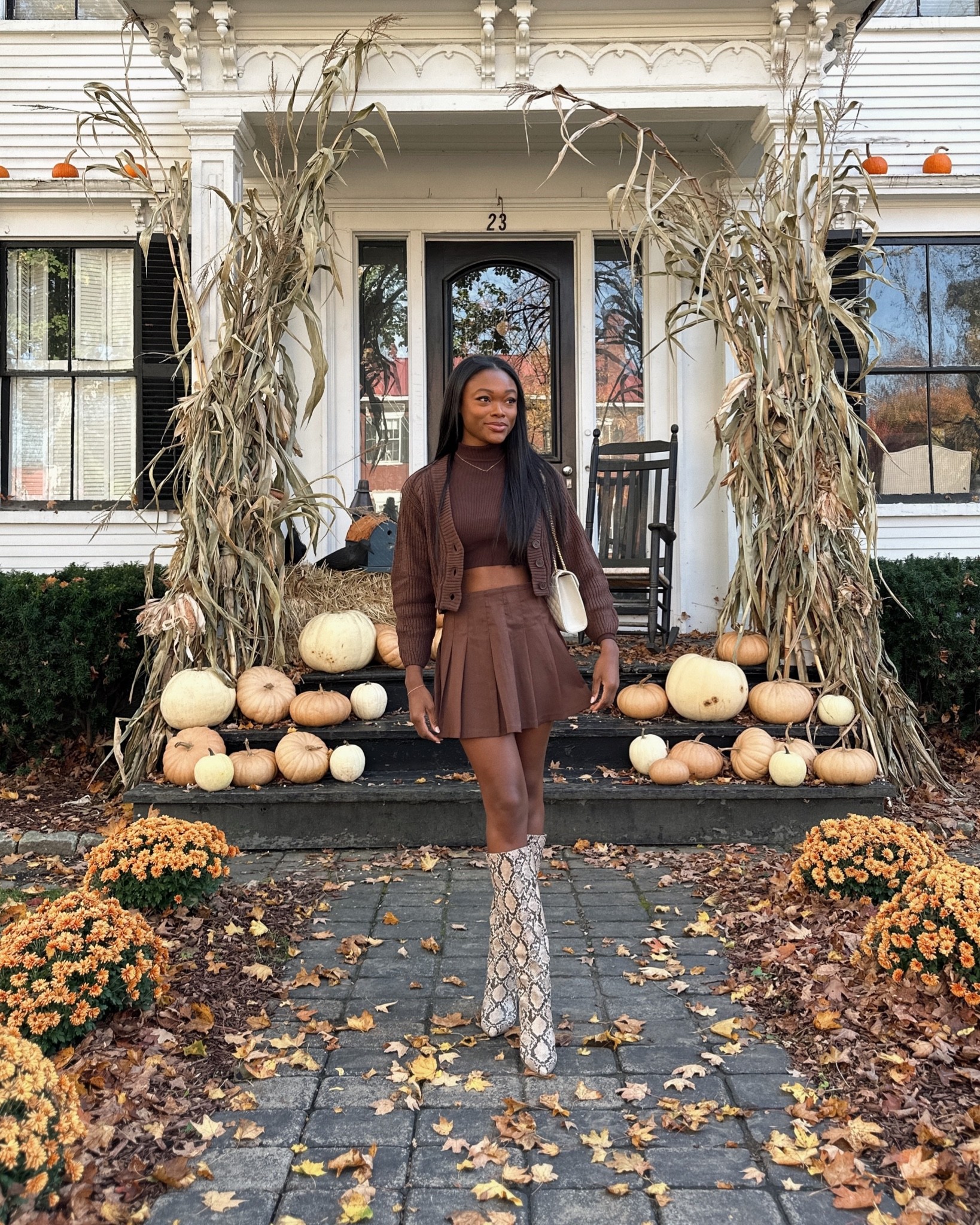 Pleated skirt outfit, brown cardigan, knee high boots 

#LTKstyletip
