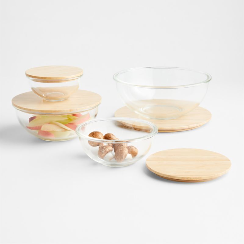 Glass Mixing Bowls with Bamboo Lids, Set of 4 | Crate & Barrel | Crate & Barrel