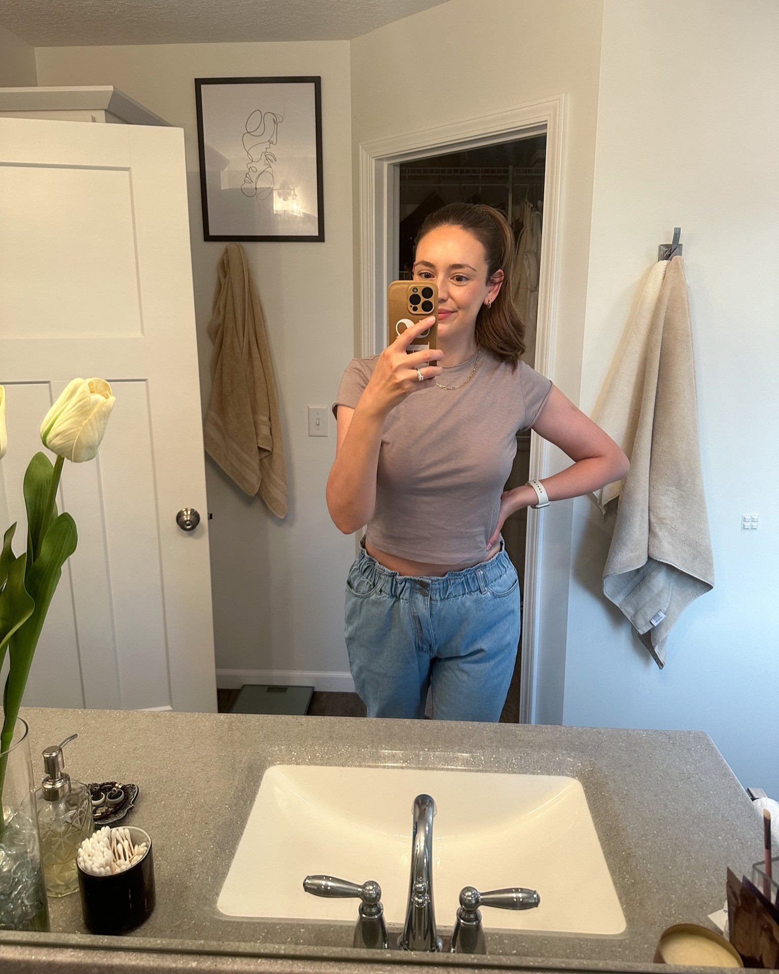 Casual summer outfit. Everyday look. Paper bag jeans. Cropped fitted t-shirt. Beige top. Bath towels. 

#LTKhome #LTKstyletip #LTKFind