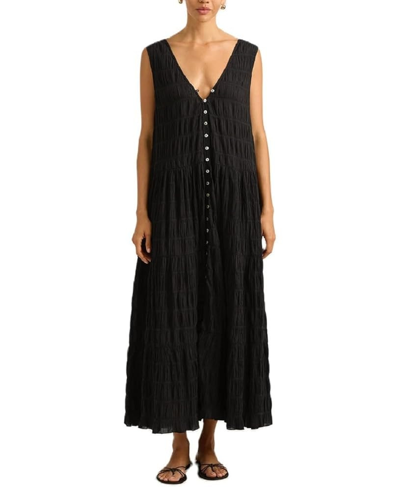 Juakoso Women Sleeveless Deep V Neck Maxi Dress Button Down Loose Flowy Tank Dress Summer Tiered ... | Amazon (US)