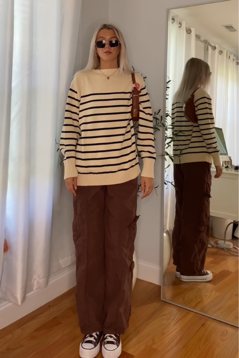 neutral fall outfit - oversized striped beige sweater - street style brown low rise cargo pants - y2k retro sunglasses - back to school outfits 

#LTKBacktoSchool #LTKstyletip #LTKFind