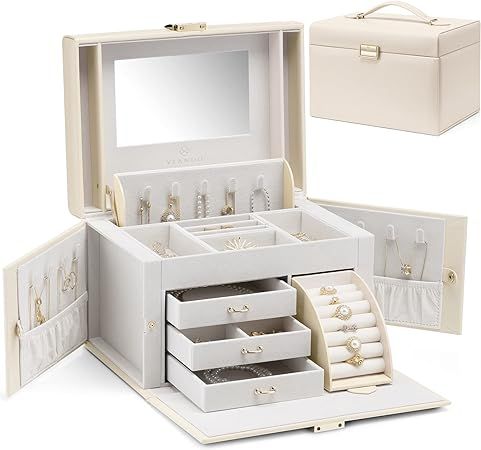 Vlando Jewelry Box Organizer for Girls Women, Large Jewelry Holder Organizer with Mirror, 3 Drawe... | Amazon (US)