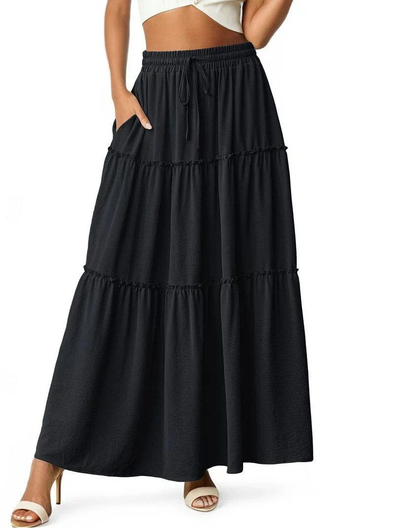 Cueply Womens Flowy Long Maxi Skirt Pleated Elastic High Waist Drawstring Tiered Skirts with Pock... | Walmart (US)