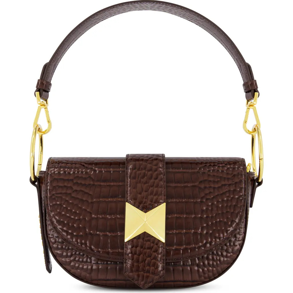 Mac Duggal Crocodile Embossed Leather Gold Hardware Saddle Bag in Chocolate at Nordstrom | Nordstrom