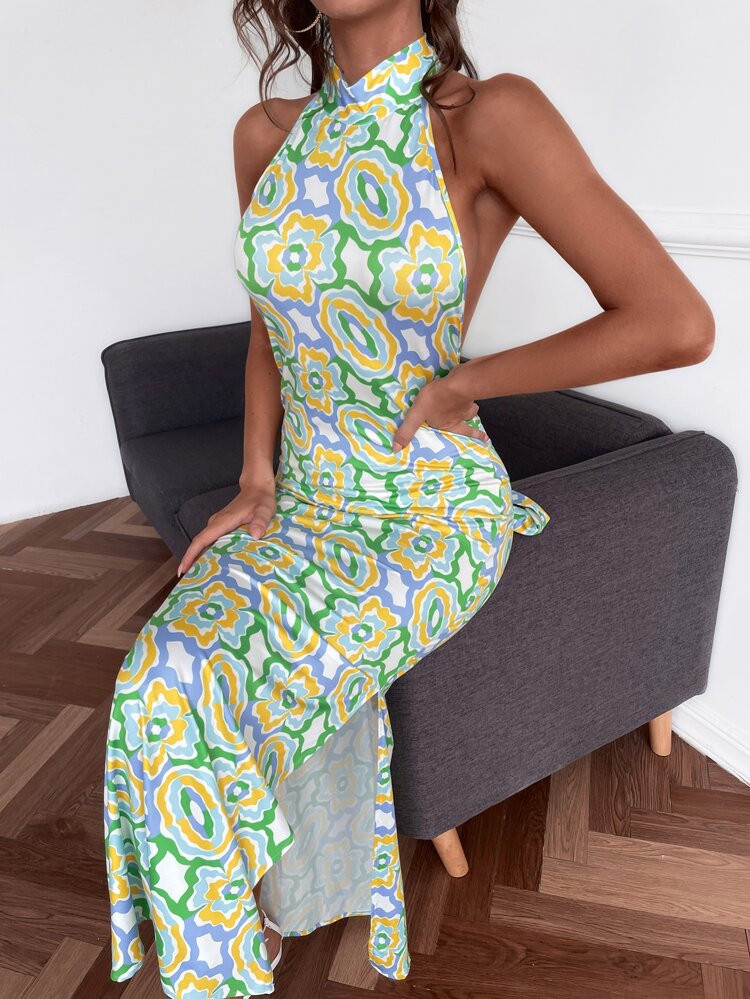 Floral Side Split Backless Halter Dress | SHEIN