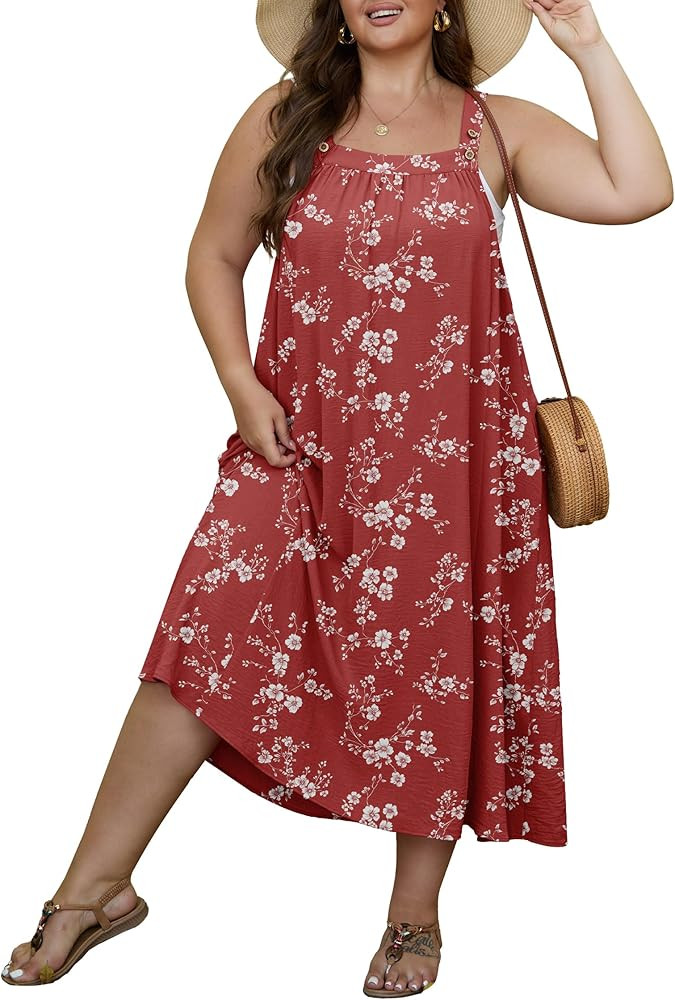 OLRIK Women's Plus Size Summer Dress 2026 Overall Midi Sundress for Women Loose Fit Adjustable St... | Amazon (US)