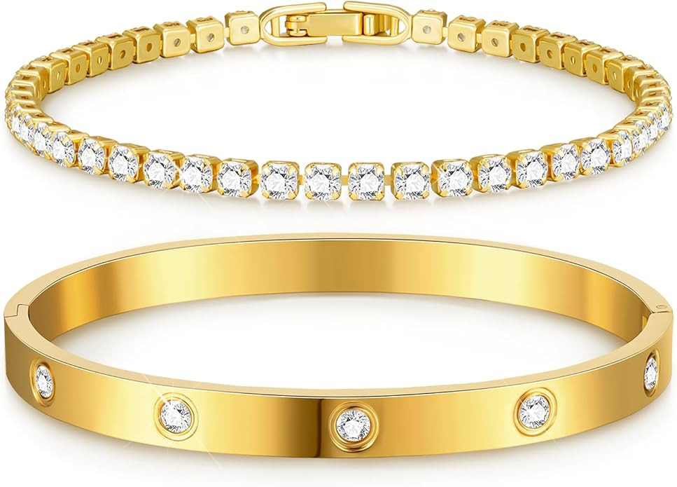 doubgood Gold Bracelets for Women, Stackable Gold Bangles Friendship Love Tennis Bracelets 5A Cub... | Amazon (US)