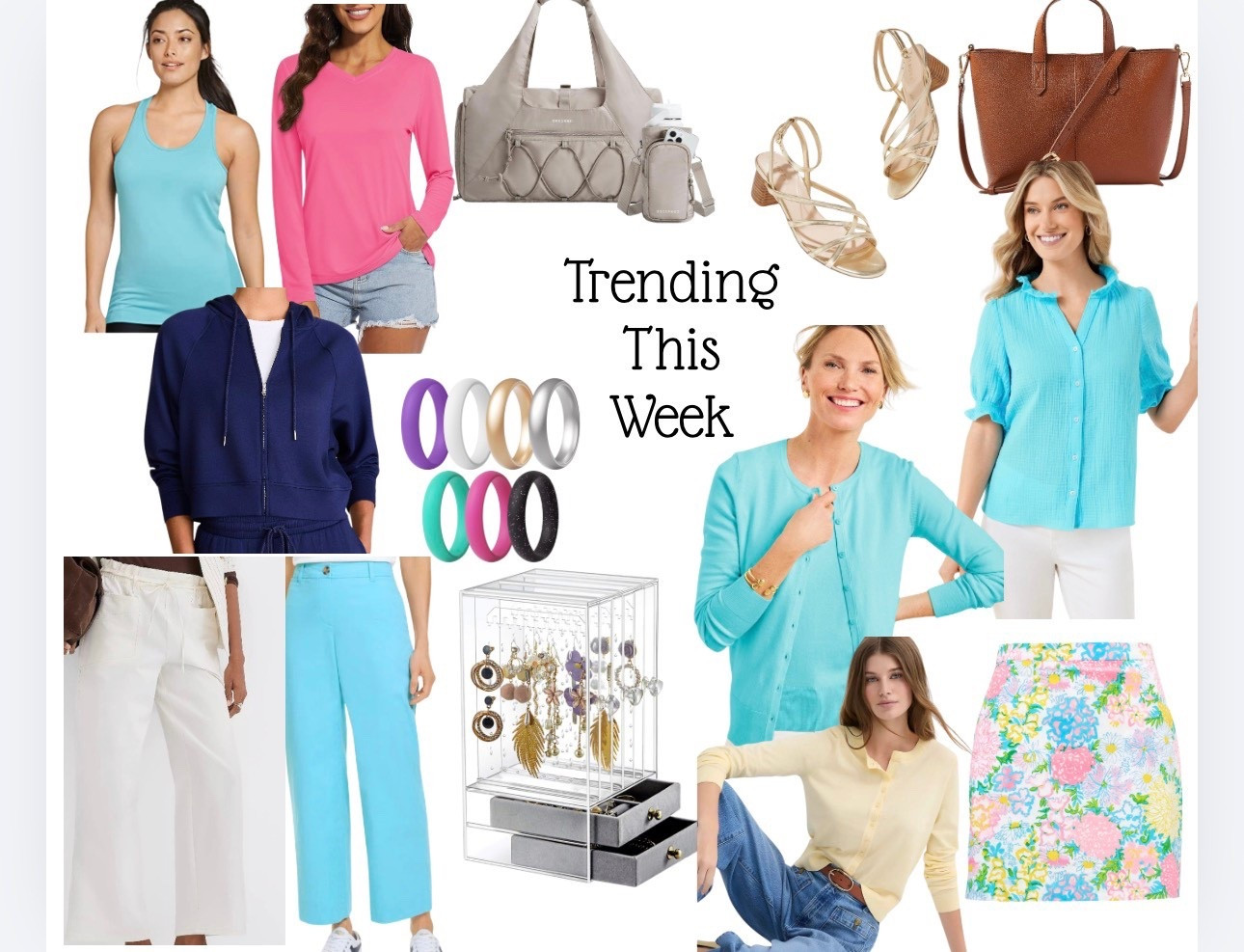 Spring's vivid colors continue to brighten storefronts and find their way into your wardrobe. Cardigans and cropped pants remain popular choices. At the gym, these color trends are slightly more vibrant. Neutral accessories in cream, gold, brown, and taupe complete the looks. 


#LTKActive #LTKMothersDay