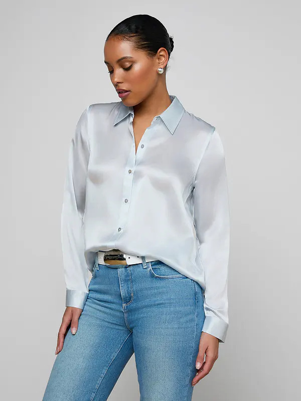 Tyler Silk Blouse in Pale Mist Blue | L'AGENCE | L'Agence