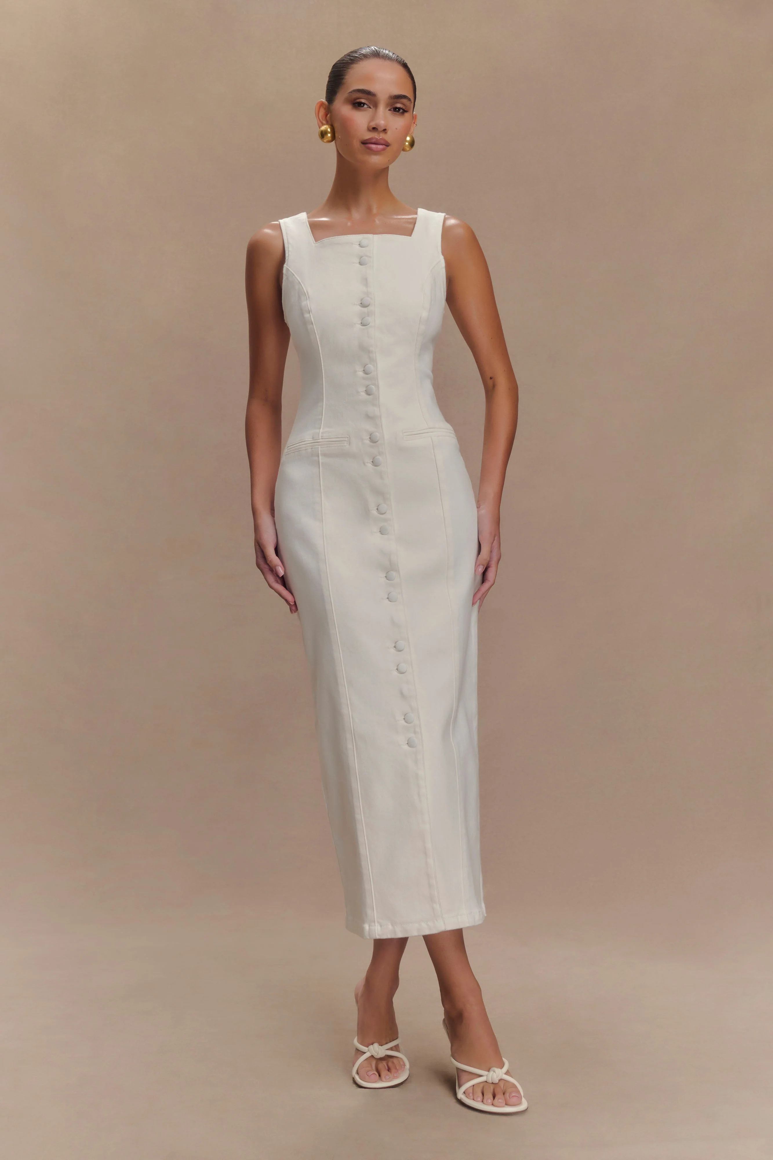 Denim Midi Dress - White | MESHKI US