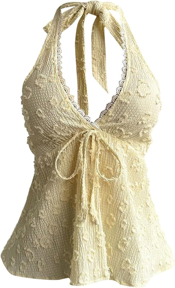 Women's Y2k Textured Halter Top Lace Trim Tie Backless Sleeveless Peplum Summer Going Out Tops | Amazon (US)