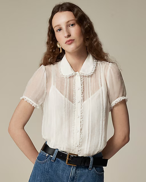 best seller4.7Summary of 97 reviewsSheer lace-trim button-up shirt in dot crinkle chiffon | J. Crew US